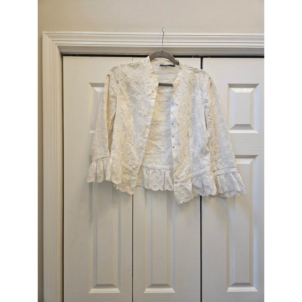 Polo Ralph Lauren White Eyelet Lace Ruffle Blouse Floral Embroidery Top Size 2.